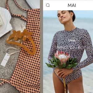 Nwt MAI long sleeve bodysuit to swimsuit in peach w maroon gingham xs